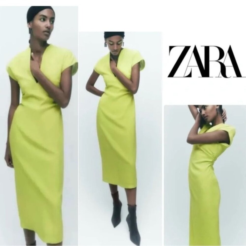 Zara Womens lime green short sleeve V-neck bodycon Cocktail Dress Sz S NWOT